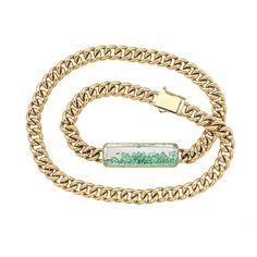 Unido Double Wrap Bracelet by Moritz Glik, a curb chain bracelet with 18 karat yellow gold and emeralds enclosed. New York City Style, Curb Chain Bracelet, Handmade Chain, Double Wrap Bracelet, Emerald Bracelet, Engraved Items, City Style, White Sapphire, Curb Chain