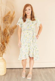 The Daydream Floral Dress is feminine and beautiful. It has a beautiful floral print, round neck and short tulip sleeves. Also a comfy elastic waist with self tie belt for a perfect fit. We love the tiered ruffle hem detail. It is made with buttery soft and stretchy polyester spandex fabric that will let you look & feel fabulous all day or evening. It has a fitted bodice and flowy skirt. Also comes in a Taupe and Black color. Poly Spandex 0-4 Small 5-9 Medium 10-12 Large 14-16 X Large Modest Short Sleeve Floral Dress For Spring, Modest Short Sleeve Floral Dress With Ditsy Print, Modest Floral Dress With Ruffles For Spring, Modest Short Sleeve Floral Dress For Garden Party, Modest Floral Dress With Ruffles For Garden Party, Modest Flowy Floral Dress With Ruffles, Flutter Sleeve Floral Dress For Garden Party, Flowy Short Sleeve Floral Brunch Dress, Flowy Short Sleeve Floral Dress For Brunch