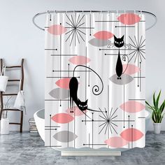 a white shower curtain with black cats and pink leaves on the outside, in front of a chair