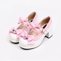 Fabric Material: PUColor: Black. Pink. WhiteHeel Height: 5cm/1.95" Bell Shoes, Bowknot Shoes, Magical Girl Outfit, Pretty Heels, Halter Dress Short, Luxury Duvet Covers, Japanese Kawaii, Pastel Fashion, Kawaii Fashion Outfits