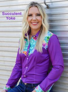 Performance Rodeo Shirts - Bright Pattern Yoke | Little Hart Equine & Tack Purple Fitted Shirt For Spring, Fitted Purple Collared Shirt, Rodeo Queen, Rodeo Shirts, Bright Patterns, Equestrian Style, Country Girls, Rodeo, Pullover Styling