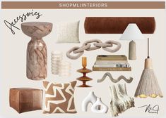 an assortment of home decor items including lamps, pillows and rugs in shades of beige