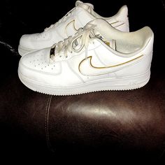 Lightly Worn Nike Air Force 1 In Gold And White. Nike Air Force White, White Nike Air Force 1, White Nike Air Force, Air Force 1 Shoes, Air Force 1 Low, Nike Air Force 1, White Nikes, White Sneakers, Air Force 1