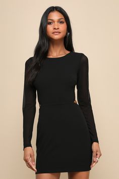 Garden Bliss Black Long Sleeve Cutout Bodycon Mini Dress Black And Blue Dress, Casual Formal Dresses, Dress Attire, Lulu Fashion, Black Knit Dress, Casual Wedding Dress, Cocktail Attire, Bodycon Skirt, Silver Zipper