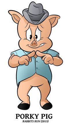 a cartoon pig wearing a hat and blue shirt with the words porky pig on it