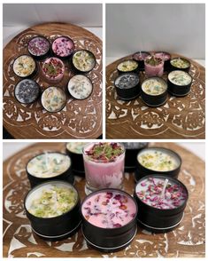 several pictures of different types of candles on a tray with flowers and leaves in them