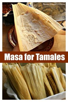 masa for tamales in a white bowl on a wooden table with other food items