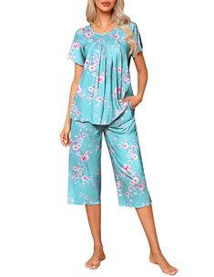 PRICES MAY VARY. 💎Material: Soft pajama set includes a short sleeve tops and capri pants, made of lightweight material,super cozy and breezy. The fabric fits your body well and stretchable enough, allow more freedom to move and rollover at home. There are wide range of sizes including S to XXL. 💎Pajama Design:The Sleep top features round neck, short sleeve and simple pleated front style, wavy cuffs and trouser legs. Ekouaer women's pj set are soft and very comfortable. It is recommended that l Pajama Design, Soft Pjs, Womens Pj Sets, Mid Waist Pants, Pants Short, Winter Fit, Soft Pajamas, Pregnancy Stages, Short Sleeve Pattern