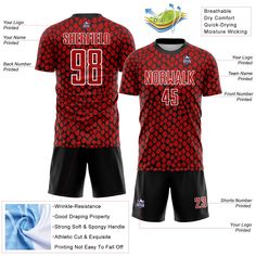 the front and back of a red jersey with black shorts, which features information about how to wear it