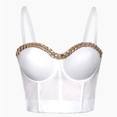 Brand New Corseted Crop Top With A Gold Chain Lining The Bra. Bought From Mica And The Chest Area Was Too Big. Size L But Fits A Us Size 6. Spaghetti Strap Crop Top, Bra Cup Sizes, Corset Crop Top, Boat Neck Tops, White Gold Chains, Crochet Halter Tops, Bustier Top, Pink Tank Top, Corset Top