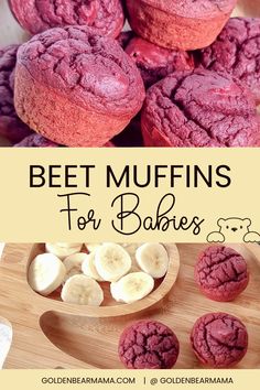 red velvet muffins with banana slices and powdered sugar in the middle on a wooden cutting board