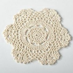 crocheted doily on white background with small circular design in center, top view