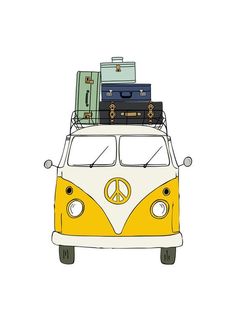 a yellow and white vw bus with suitcases on the roof, sitting in front of a white background