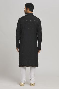 Black silk blend kurta with sequins and thread embroidery. Comes with churidar and a dupatta. - Aza Fashions Kurta Set For Men, Thread Embroidery, Churidar, Kurta Set, Black Silk, Aza Fashion, Thread, For Men, Embroidery