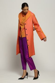 Orange full sleeve jacket with quilted pattern and shawl collared neckline. - Aza Fashions Tailored Silk Outerwear With Long Sleeves, Tailored Silk Long Sleeve Outerwear, Luxury Silk Winter Outerwear, Designer Silk Long Sleeve Outerwear, Designer Silk Outerwear For Winter, Luxury Long Sleeve Silk Outerwear, Designer Silk Outerwear With Lapel Collar, Single Breasted Silk Outerwear With Long Sleeves, Designer Silk Winter Blazer