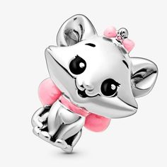 a silver cat charm with pink bows on it's head and eyes, sitting in front of a white background