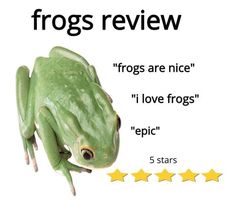 a frog with five stars in front of it and the words frogs review written below