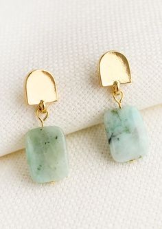 A pair of earrings with arch shaped gold post and chrysoprase stone. Handmade Modern Green Jewelry, Modern Handmade Teardrop Jewelry, Modern Handmade Green Jewelry, Green Handmade Modern Jewelry, Modern Green Handmade Jewelry, Modern Jewelry Matching Earrings Gift, Modern Jewelry With Matching Earrings For Gift, Handmade Contemporary Brass Jewelry, Artistic Single Earring For Gift