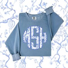 Perfect for chilly beachy nights or to look cute while being casual, this Preppy Blue Monogrammed sweatshirt will be a favorite for years to come! It also makes the best bridesmaid gift or for the "coastal grandmother" in your life. The chinoiserie print is loved by many! This custom crewneck sweatshirt brings both incredible quality and amazing style to the mix. Made with soft, ring-spun cotton fabric with 100% cotton threads, it sits unmatched when it comes to softness. All sweatshirts feature Blue Sweater With Graphic Print For Loungewear, Blue Graphic Print Sweater For Loungewear, Blue Long Sleeve Soft-washed Sweatshirt, Blue Crew Neck Soft-washed Sweatshirt, Blue Soft-washed Crew Sweatshirt, Light Blue Cotton Sweatshirt For Loungewear, Soft-washed Blue Crew Sweatshirt, Blue Crew Sweatshirt For Spring, Blue Crew Neck Spring Sweatshirt