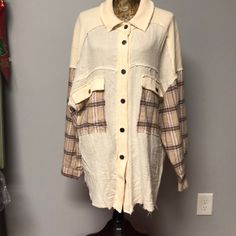 Nwt Color Block Design Cream Gauze Type Fabric With Plaid Flannel And Cream Thermal Knit Fabric Dark Metal Buttons. Design Has Raw Edges On Seams And Hem. Reminds Me A Lot Of True Religion Style Clothing Fabric Contents And Care Instructions Are In Photos Beige Relaxed Fit Patchwork Tops, Beige Patchwork Tops With Relaxed Fit, Beige Patchwork Top With Relaxed Fit, Casual Brown Patchwork Blouse, Oversized Casual Patchwork Shirt, Casual Oversized Patchwork Shirt, Casual Beige Patchwork Tops, Brown Patchwork Shirt For Fall, Beige Long Sleeve Blouse With Patchwork