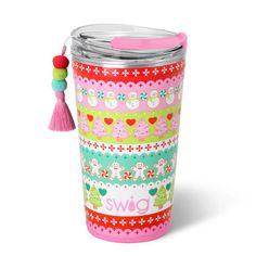 a colorful cup with a tassell on the side and a name tag that says swig