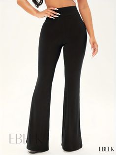 Ebeek - Premium Solid Slim Flare Leg Pants: Stylish and Comfortable High Waist Stretchy Rib Knit Pants for Womens Fashion Stretch Dress Pants For Night Out, Stretch Dress Pants In Solid Color, Stretch Solid Color Bottoms For Fall, High Stretch High-waisted Pants, High Stretch Black Bottoms, High Waist High Stretch Pants, Trendy Solid Color High Stretch Bottoms, Solid Elastane Pants For Night Out, High Waist Solid Color Bottoms For Party