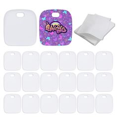 white plastic coasters with stickers and adhesivement on the back for use in crafts