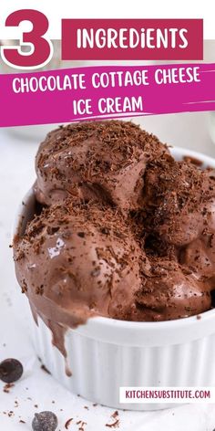 three ingredient chocolate cottage cheese ice cream in a white dish with text overlay that reads 3 ingredients chocolate cottage cheese ice cream