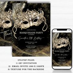 an elegant masquerade party with gold and black masks on the front, and a phone