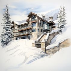 a drawing of a house in the snow with pine trees on the hill behind it