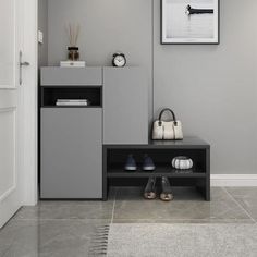 a grey shelf with shoes and purses on it