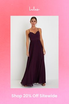 Whenever you wear the Lulus Sensational Charmer Purple Pleated Sleeveless Maxi Dress, you'll just know you look fabulous! Lightweight pleated woven chiffon shapes this ultra-elegant dress that starts with a sleeveless bodice (with a flattering ruched detail at the center) and a V-neckline, supported by adjustable spaghetti straps. The fitted waist tops a breezy, A-line maxi skirt that continues down to a sweeping maxi hem. Hidden back zipper/clasp. Fit: This garment fits true to size. Length: Floor length. Size medium measures 53.5" from adjustable straps to hem. Bust: Great for any cup size. Waist: Fitted - very fitted at natural waist. Hip: Not Fitted - fuller skirt allows room for hips. Undergarments: May be worn with a strapless bra, adhesive bra, petals, or no bra. Fabric: Fabric has Elegant Chiffon Sleeveless Dress With Spaghetti Straps, Elegant Pleated Maxi Dress For Bridesmaids, Elegant Pleated Bridesmaid Maxi Dress, Sleeveless Lined Maxi Bridesmaid Dress, Elegant Sleeveless Pleated Dress For Gala, Elegant Pleated Maxi Dress With Sweetheart Neckline, Chic Lined Maxi Dress For Bridesmaids, Elegant Chiffon Maxi Dress With Pleated Back, Elegant Flowy Pleated Dress For Party