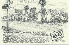 an old drawing of a motel in the middle of california with street signs and palm trees