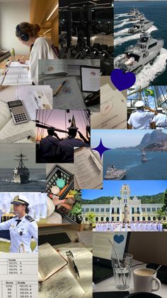 a collage of photos with boats, ships and people working on their laptops