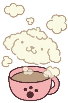 a pink cup filled with hot chocolate and steam coming out of it's top