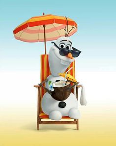 a cartoon character sitting in a beach chair with an umbrella over his head and holding a drink