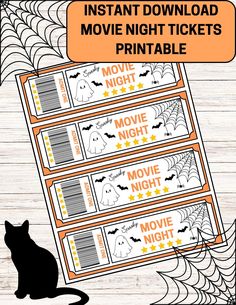 printable halloween movie night tickets with a cat sitting on the floor