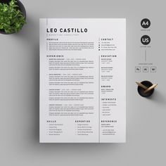 a clean and modern resume template on top of a desk next to a potted plant