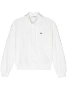 white organic cotton blend towelling finish logo patch at the chest polo collar front button placket drop shoulder long sleeves ribbed cuffs and hem straight hem This item is made from at least 50% organic materials. Learn more about what makes a product Conscious on our Conscious Criteria page Classic Polo Sweater With Ribbed Collar For Loungewear, Sporty Polo Sweater With Ribbed Cuffs, Sporty Collared Polo Sweater With Ribbed Cuffs, White Collared Polo Sweater With Ribbed Cuffs, Classic White Polo Sweater With Ribbed Cuffs, White Cotton Polo Sweater With Ribbed Cuffs, Sporty White Long Sleeve Polo Sweater, White Collared Tops With Ribbed Cuffs, White Collared Top With Ribbed Cuffs