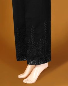 Description : Cotton Embroidered Trouser. Country of Origin : Pakistan Care Instruction : Should be washed in gentle cycle and hung to dry. Color may bleed so please be mindful of other items with it. Disclaimer : Size chart provides reference sizes and actual sizes might be slightly different from the size chart. Casual Black Embroidered Pants, Non-stretch Embroidered Cotton Pants, Black Embroidered Cotton Bottoms, Black Embroidered Cotton Pants, Casual Straight Pants With Chikankari Embroidery, Black Embroidered Wide-leg Bottoms, Black Embroidered Wide Leg Bottoms, Spring Embroidered Black Pants, Spring Black Embroidered Pants