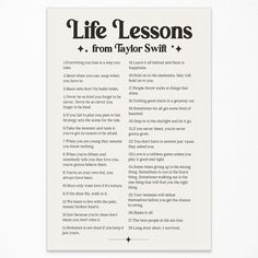 a poster with the words life lessons from taylor swift written in black on white paper