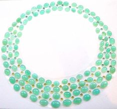 Chrysoprase Bib Necklace Set This necklace set consists of oval chrysoprase cabs ranging in size from 15x11 mm to 8x6 mm oval. Dotting the design are 3 and 4 mm round yellow and mint green tourmaline cabs that instantly brighten and enliven this bold piece.   The mint green colors are the perfect pallet for this seasons pastel trends and a summer must. All the sizes are calibrated so you the designer can use pre fabricated mountings or create your own.  The stones will be delivered as shown in t Mint Green And Yellow, Pastel Trends, Beautiful Gemstones, Garnet Earrings, Precious Gems, Green And Yellow, Green Tourmaline, Gorgeous Jewelry, Bib Necklace