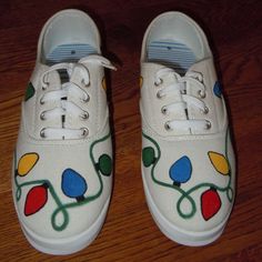 This Is A Brand New Pair Of White Canvas Sneakers Hand Painted With Christmas Lights. I Bought Them At Walmart And Painted Them For A Little Holiday Fun. They Are A Size 10 - There Is A Small Mark On One Of The Tongues Which You Can See In Pictures. Hiking Sneakers Women, Walmart Shoes, Sneaker Ideas, Teal Sneakers, White Canvas Sneakers, Rose Vans, Teacher Shoes, White Slip On Sneakers, Painted Canvas Shoes