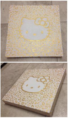 two pictures with gold foil on them and the bottom one has an image of hello kitty