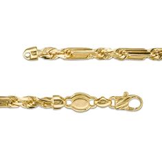 Add modern flair to your weekend looks when you wear this men's hollow 14K gold diamond-cut Figarope chain bracelet from the Made in Italy Collection. Crafted in hollow 14K gold This 4.3mm-wide chain features oval-shaped links alternating with pairs of rope links. Diamond-cut details lend dimension and extra shine. This 8.5-inch bracelet secures with a lobster claw clasp. Classic Gold Bracelet With Rope Chain, Classic Gold Rope Chain Bracelet, Formal Yellow Gold Rope Chain Bracelet, Classic 14k Gold Rope Chain Bracelet, Classic Rope Chain Bracelets For Formal Occasions, Classic Formal Rope Chain Bracelets, Classic Formal Rope Chain Bracelet, Weekend Looks, Diamond Cut