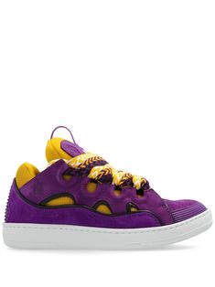 purple calf leather mesh panelling contrasting panel detail round toe front lace-up fastening logo patch at the tongue branded insole rubber sole Sneakers Purple, Lanvin Sneakers, Lanvin Shoes, Sneaker Wedge, Lanvin, Manolo Blahnik, Luxury Boutique, Luxury Handbags, Leather Sneakers