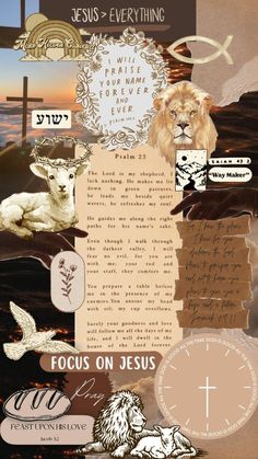 the collage has many different images and words on it, including jesus's face