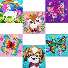 four different pictures of dogs and butterflies in the shape of squares, each with an individual's face