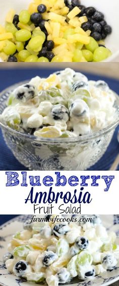 blueberry ambrosia fruit salad in a glass bowl and on a white plate