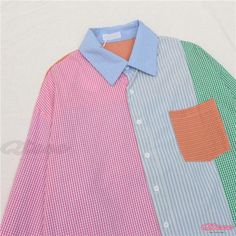 Qteee - Classic Colorblock Lattice Stripe Pocket Shirt in a Vintage Style Multicolor Long Sleeve Shirt With Contrast Color, Multicolor Cotton Shirt With Contrast Color, Multicolor Contrast Cotton Shirt, Trendy Color Block Cotton Shirt, Trendy Cotton Color Block Shirt, Summer Color Block Long Sleeve Shirt, Casual Pink Patchwork Shirt, Trendy Long Sleeve Color Block Shirt, Spring Green Color Block Shirt